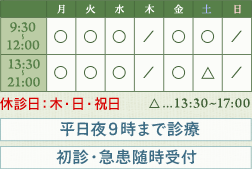 9:30～12:00／13:30～21:00　※土曜午後は17:00まで　休診日：木・日・祝日　平日夜9時まで診療　初診・急患随時受付