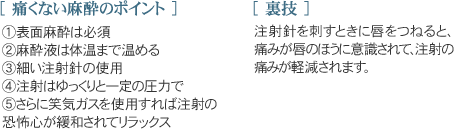 痛くない麻酔のポイント 1.表面麻酔は必須 2.麻酔液は体温まで温める 3.細い注射針の使用 4.注射はゆっくりと一定の圧力で 5.さらに笑気ガスを使用すれば注射の恐怖心が緩和されてリラックス 裏技 注射針を刺すときに唇をつねると、痛みが唇のほうに意識されて、注射の痛みが軽減されます。