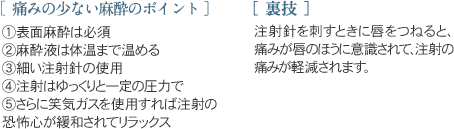 痛みの少ない麻酔のポイント 1.表面麻酔は必須 2.麻酔液は体温まで温める 3.細い注射針の使用 4.注射はゆっくりと一定の圧力で 5.さらに笑気ガスを使用すれば注射の恐怖心が緩和されてリラックス 裏技 注射針を刺すときに唇をつねると、痛みが唇のほうに意識されて、注射の痛みが軽減されます。